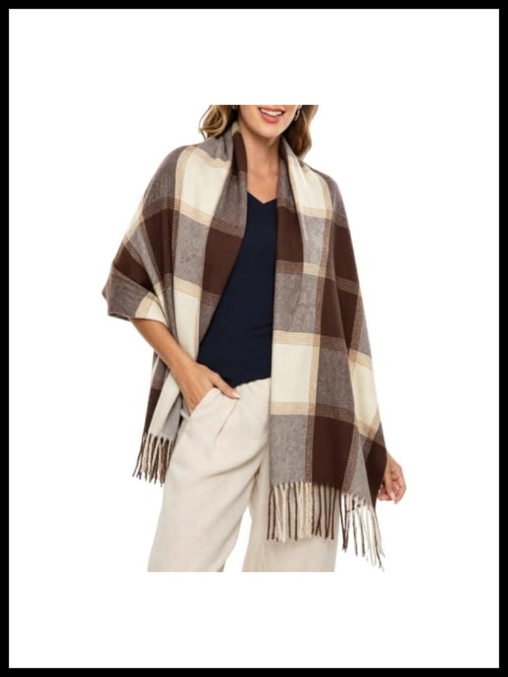 Women's Chunky Plaid Blanket Scarf Oversized Shawl Wrap with Fringe